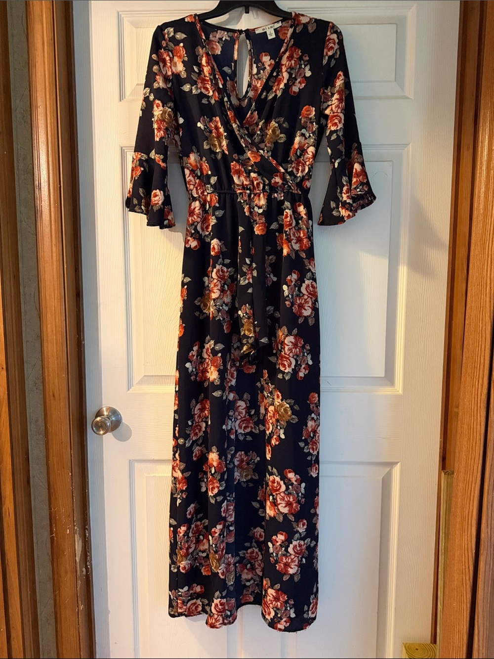 miami Navy Floral Maxi Dress over romper shorts with Rust and Cream Blooms